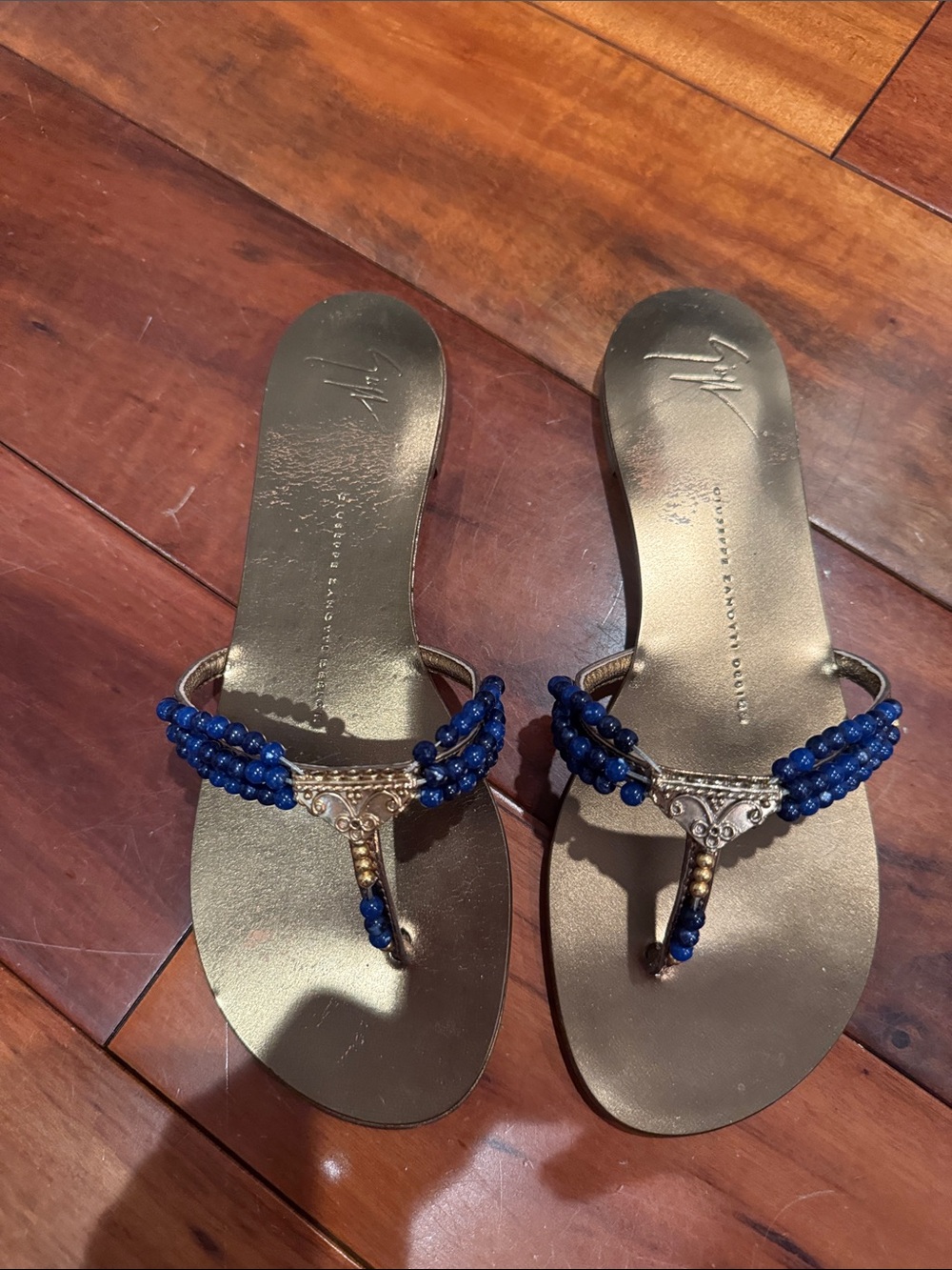 Giuseppe Zanotti Gold Thong Sandals with Royal Blue Lapis Beads